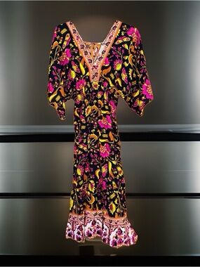NWT TAMSY Black Floral V-Neck Maxi Dress w/Pink & Yellow Accents-OSFM